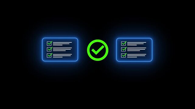 Digital Glowing checklist and approval showing business document validation and task tracking system for decision making,on black background.