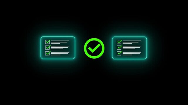 Digital Glowing checklist and approval showing business document validation and task tracking system for decision making,on black background.