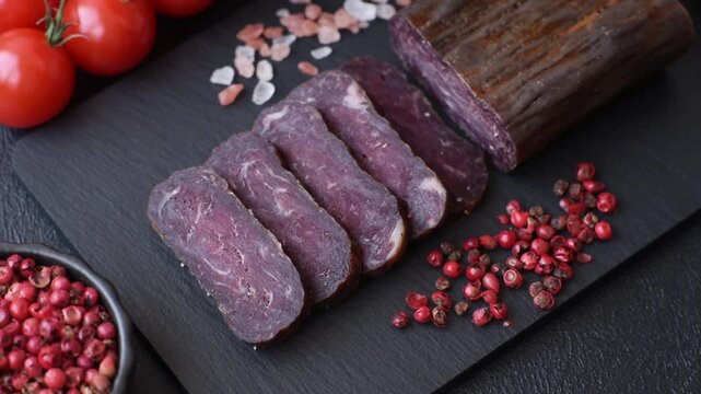 Sliced dry cured beef sausage or basturma with salt and spices. Sliced basturma