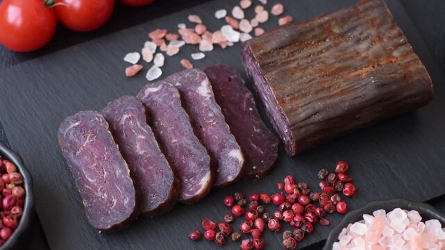 Sliced dry cured beef sausage or basturma with salt and spices. Sliced basturma