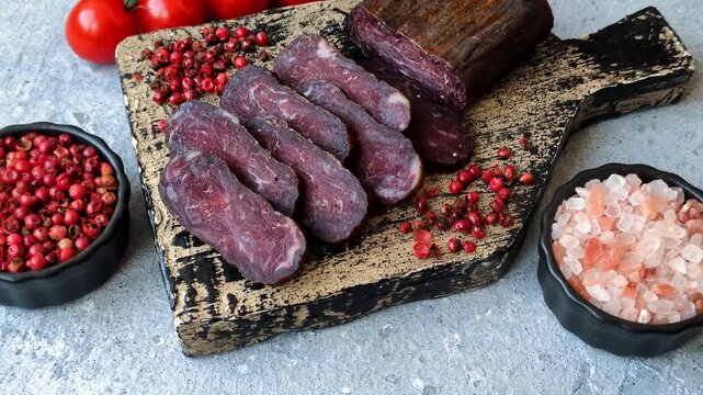 Sliced dry cured beef sausage or basturma with salt and spices. Sliced basturma