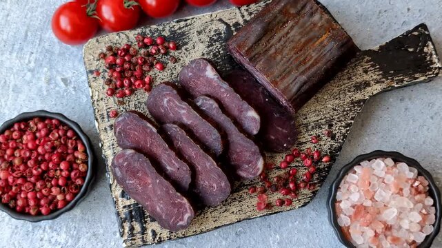 Sliced dry cured beef sausage or basturma with salt and spices. Sliced basturma