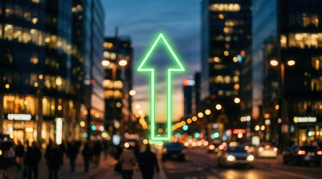 Neon green arrow pointing up over a bustling city street at dusk symbolizing growth and success