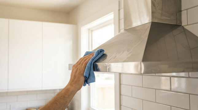 Focused hand wiping sleek range canopy with microfiber duster maintains pristine domestic hygiene, cleaning smudge marks from brushed steel equipment in contemporary residential setting.