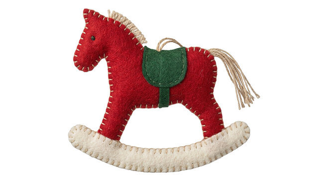 Handcrafted felt rocking horse christmas ornament with red and green details