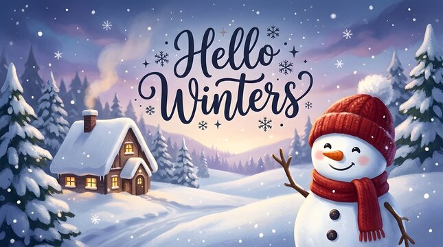 Hello Winter greeting card with smiling snowman, snowy cabin, evergreen trees, and falling snow
