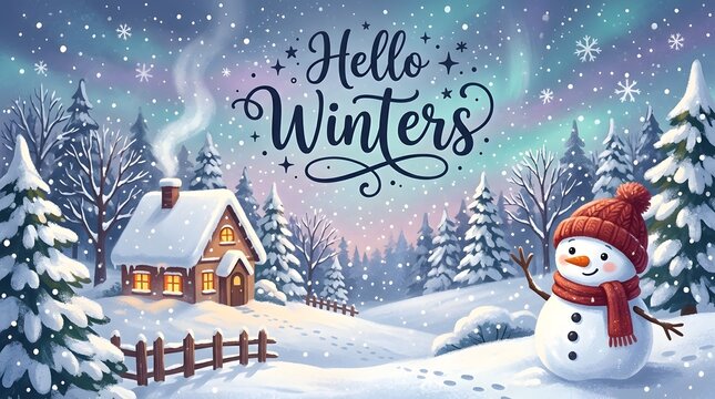 Hello Winter greeting card with smiling snowman, snowy cabin, evergreen trees, and falling snow
