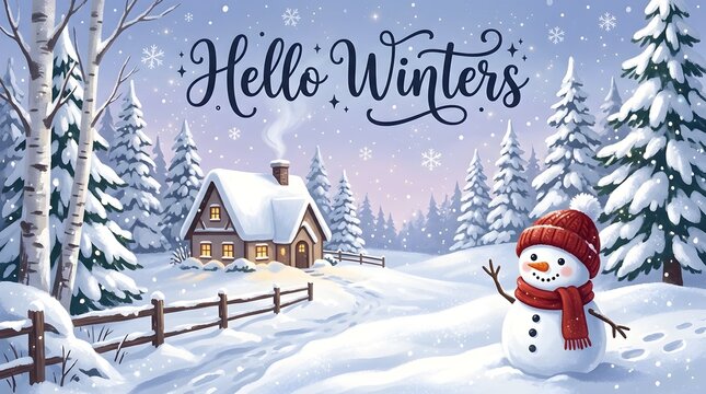 Hello Winter greeting card with smiling snowman, snowy cabin, evergreen trees, and falling snow