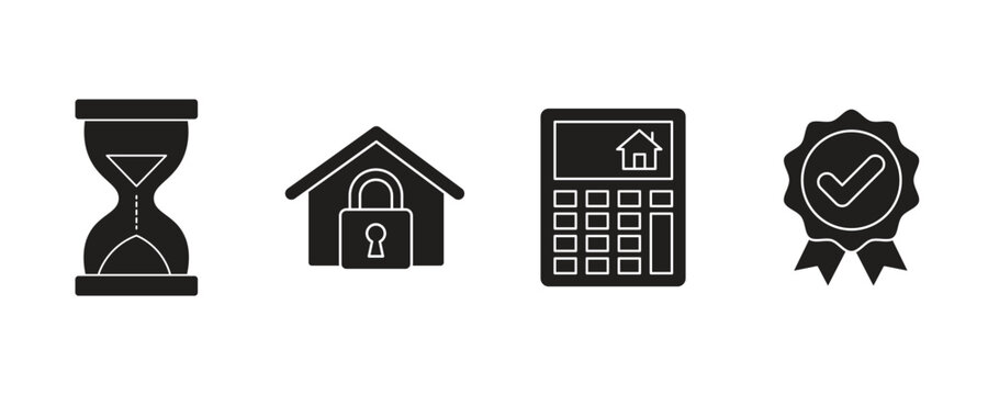 Financial icons hourglass locked house calculator and award on white background