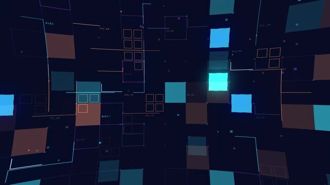Futuristic Cyber HUD Grid with Glowing Blue Data Blocks and Code