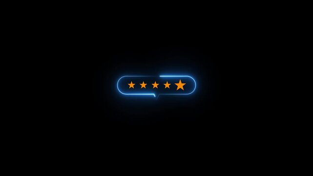 Glowing neon star box blue pop up five star icon for feedback review satisfaction service, business satisfaction survey. black background loop animation