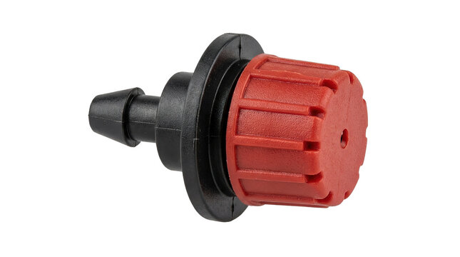 Red drip irrigation emitter with black barb connector for efficient watering