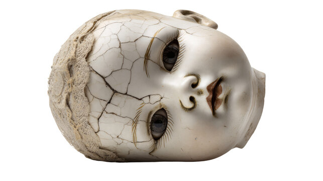 small vintage porcelain doll with cracked face and one missing eye, isolated on a completely white backdrop