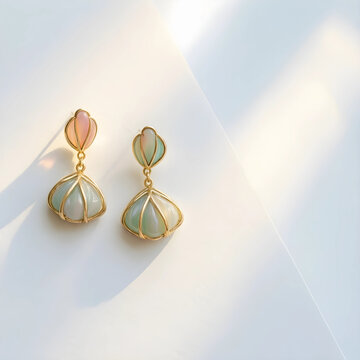 Luxury jewelry and fashion accessories, elegant shell shaped gold earrings with pastel gemstones on a clean white background for bridal or summer style