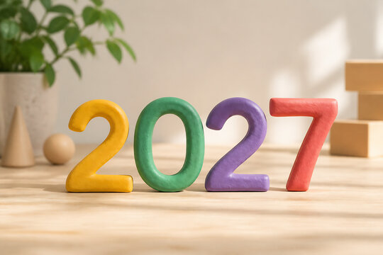 Colorful wooden numbers spelling out 2027 are displayed on a light wooden surface with a potted plant in the background.
