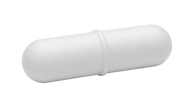 White capsule shaped pill case on white background