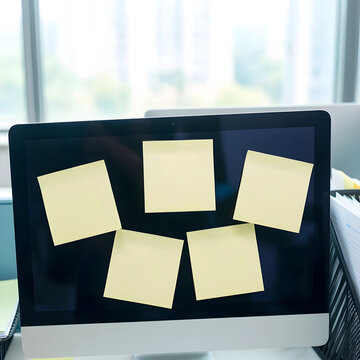 Task management and project planning, blank sticky notes on computer monitor for office organization and workflow productivity in modern workspace