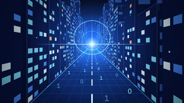 Futuristic Cyber City Canyon with Glowing Skyscrapers and Binary Code Road, Digital Smart City Technology Animation, Seamless Loop
