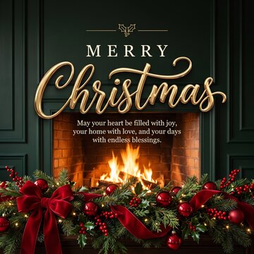 Merry Christmas greeting card with cozy fireplace, dark green wall paneling, and festive red garland, elegant holiday banner