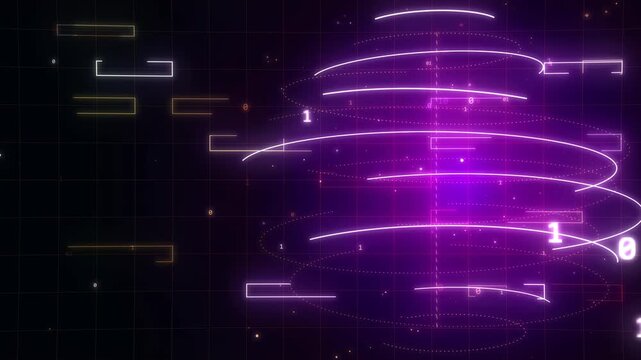 3D Purple Neon Binary Code Spiral Sphere and Cyber HUD Interface