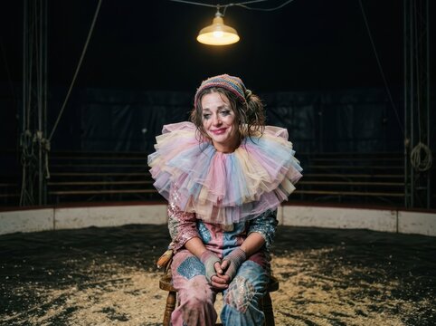 Circus Clown Sitting Under Spotlight in Tattered Costume