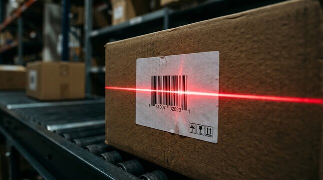 Scanner beam sweeping across a barcode on a cardboard box, barcode scanning for inventory and package tracking