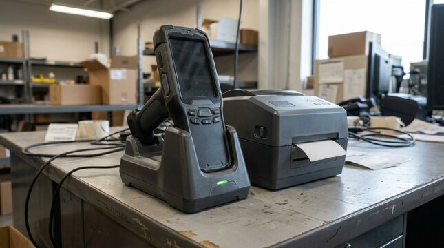 Handheld scanner resting in a dock charger beside a printer, warehouse mobile computing and barcode scanning equipment