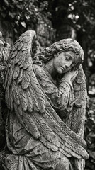 Fototapeta premium Sculpted gray stone guardian angel sleeping peacefully, aged stone surface, softly blurred dark gray background, muted monochromatic palette, minimalist religious aesthetic.