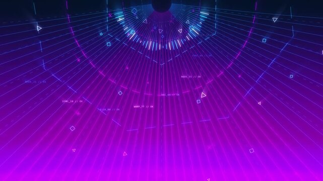 Cyberpunk Synthwave Purple Neon Radial Grid and Equalizer HUD