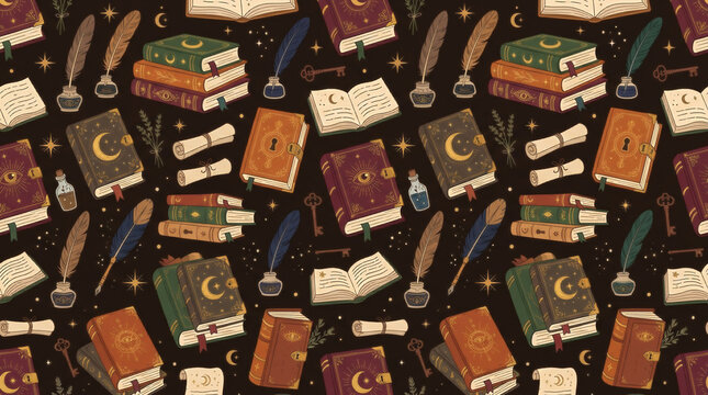Cute Halloween magic spell books and potion bottles pattern