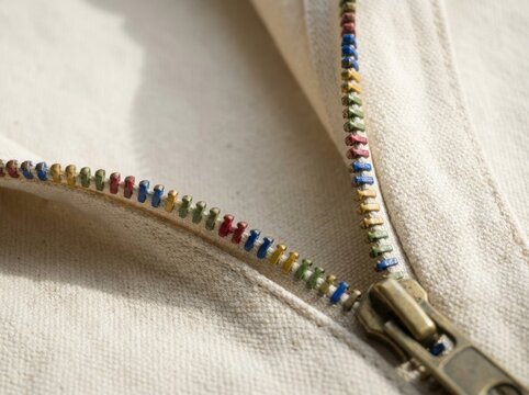 Colorful zipper on beige fabric with copy space texture