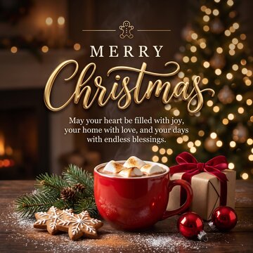 Merry Christmas greeting card with cozy fireplace, dark green wall paneling, and festive red garland, elegant holiday banner