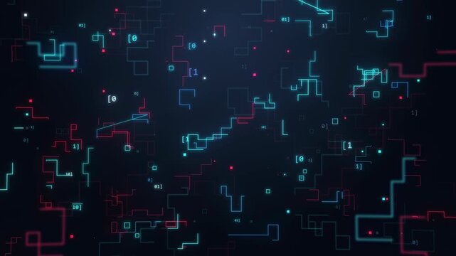 Dark Cyber Circuit Maze with Cyan and Red Neon Lines and Binary Code