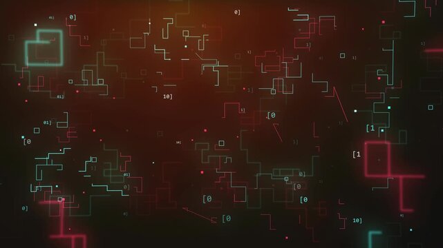 Red and Cyan Cyber Circuit Board Maze with Binary Code Data Animation
