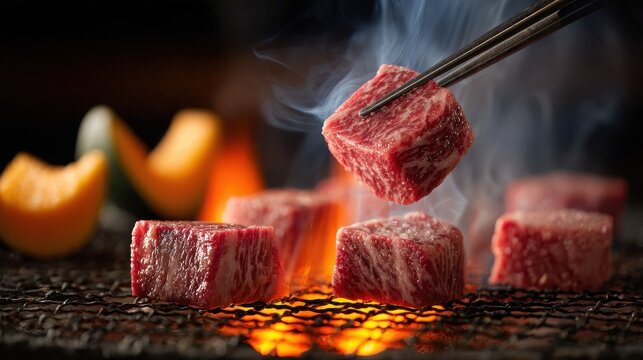 Juicy marbled beef cubes grilling over open flames with rising smoke under warm lighting. Ideal for gourmet dining and.