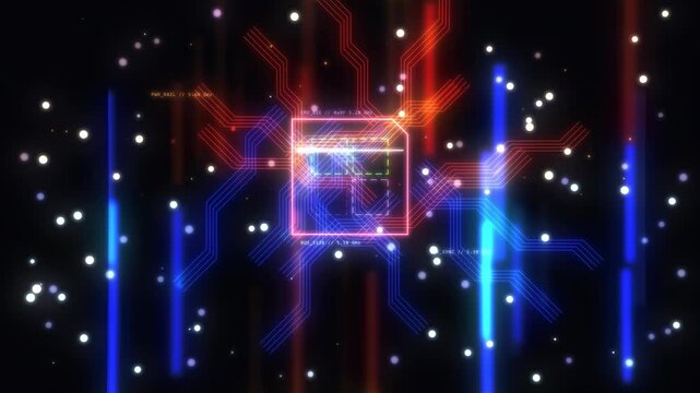 Futuristic Glowing CPU Processor Microchip HUD and Circuit Particles