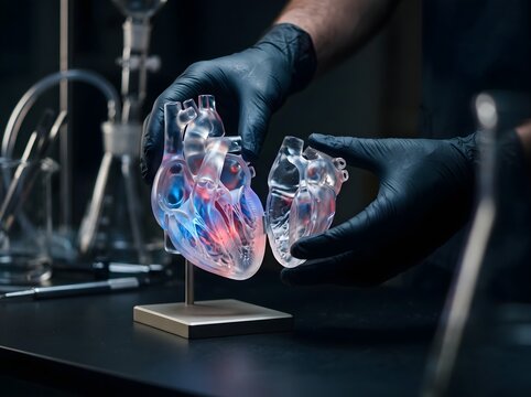 Transparent Glowing Glass Heart Model Held by Gloved Hands in Science Lab