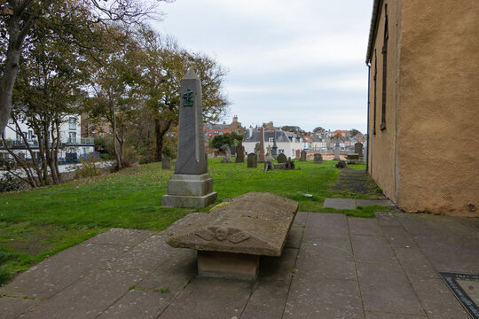 Historic graveyard and ancient stone monuments near the church in Anstruther, Fife, Scotland