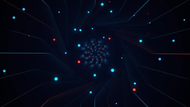 Futuristic Sci-Fi Geometric Tunnel Vortex with Cyan and Red Particles
