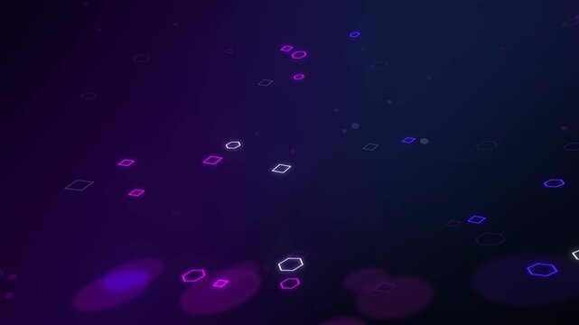 Abstract Floating Neon Hexagons and Diamonds with Purple Bokeh