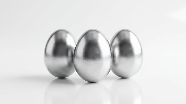 Three reflective metallic silver painted easter eggs standing on clean white studio backdrop sleek polished surface modern spring seasonal holiday decoration minimal creative three dimensional