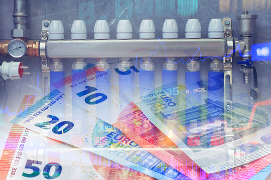 Heating manifold system with temperature gauge and euro banknotes with financial chart overlay. Heating cost, energy price or utility market concept for economy design.