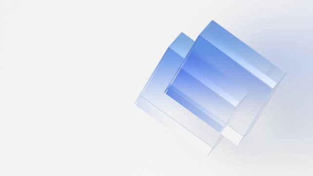 Translucent blue glass blocks slowly rotating on a light background, transparency and business integration concept, seamless loop, 3d rendered animation