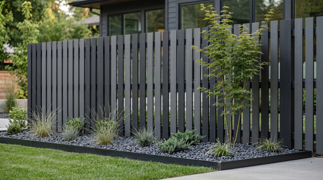 Modern slatted privacy fence establishing a sleek boundary for residential property, featuring elegant xeriscaping and creating a contemporary outdoor living environment