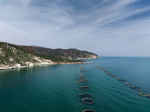 Aerial View of a Large Offshore Fish Farm in the Adriatic Sea