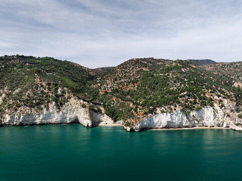Aerial View of White Limestone Cliffs Along the Gargano Coast, Puglia, Italy