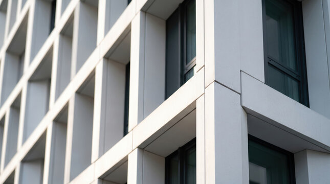 Contemporary building facade showcasing minimalist design and a striking pattern of square window frames, representing modern architecture and urban living