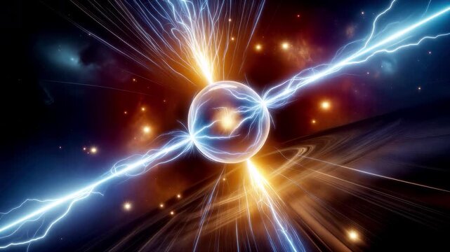 Nuclear fusion concept: two glowing atomic nuclei charged with electric plasma collide and merge into one, releasing a brilliant burst of energy, fiery plasma and a shockwave against a starry cosmic b
