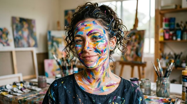 creative studio portraita young artistic woman whose face and skin are uniquely covered in vibrant colorful paint for a conceptual theme painted face body paint studio portrait artistic makeup