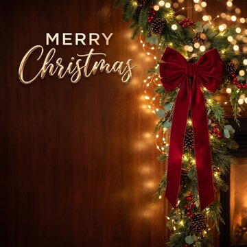 Merry Christmas greeting card with warm wooden background, glowing festive garland, and red velvet bow, elegant holiday banner